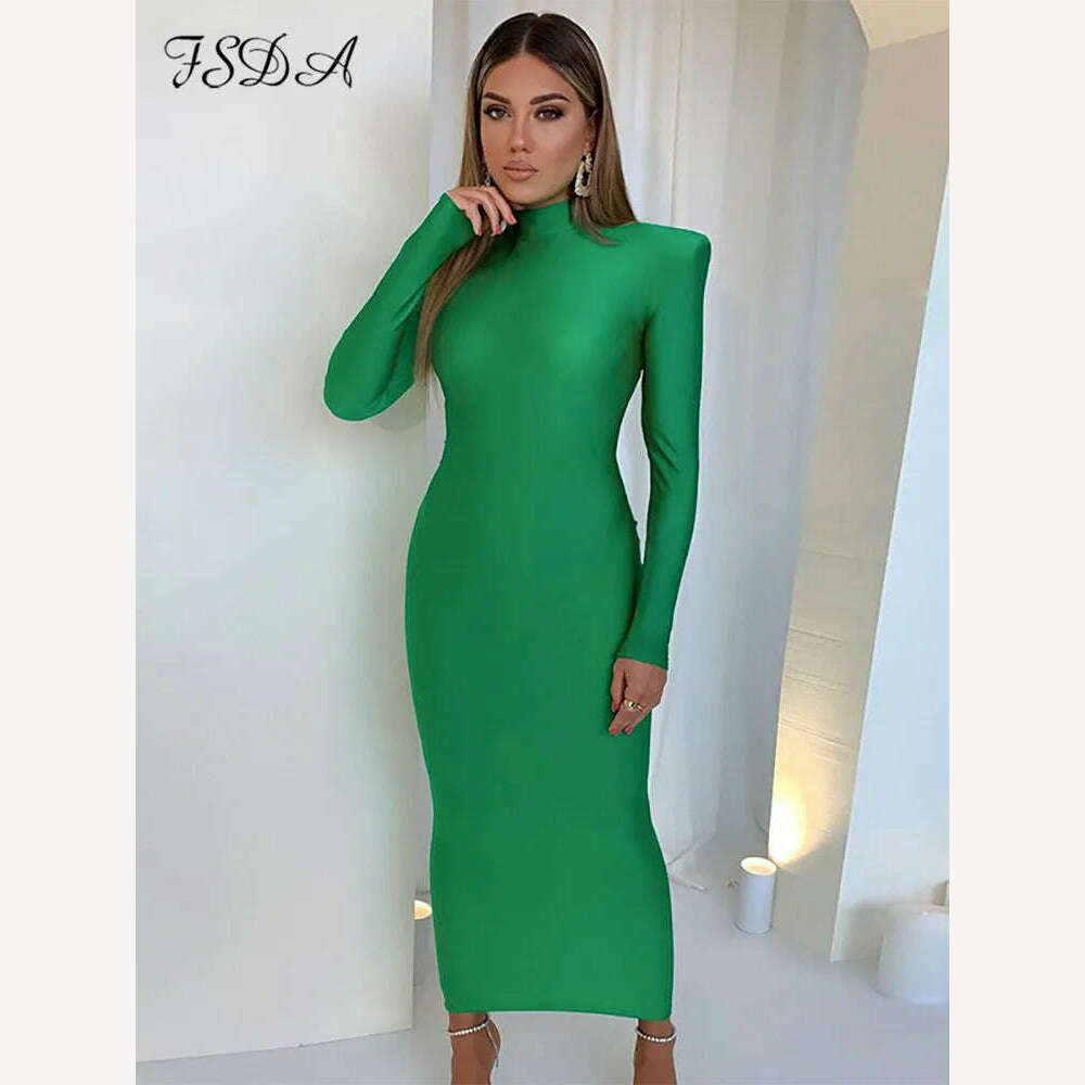 KIMLUD, FSDA Midi Green Long Sleeve 2022 Women Dress Party Autumn Winter Turtleneck Black Sexy Bodycon Dresses Elegant Club, KIMLUD Womens Clothes