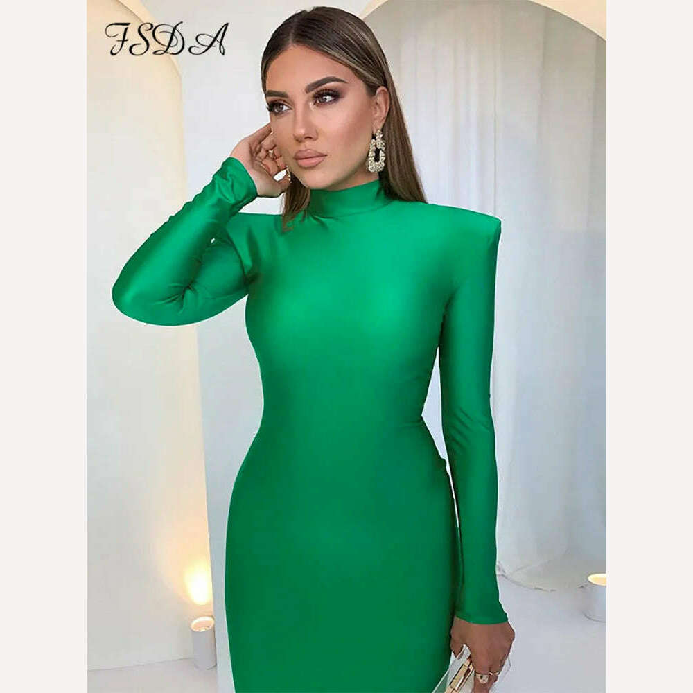 KIMLUD, FSDA Midi Green Long Sleeve 2022 Women Dress Party Autumn Winter Turtleneck Black Sexy Bodycon Dresses Elegant Club, KIMLUD Womens Clothes
