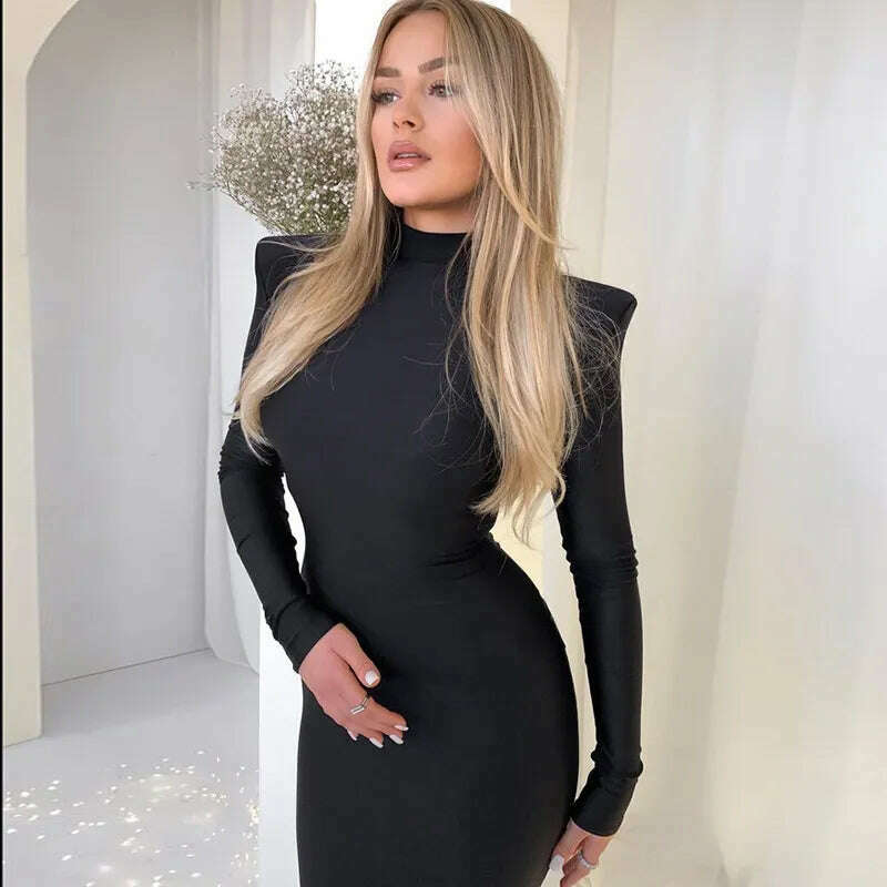 KIMLUD, FSDA Midi Green Long Sleeve 2022 Women Dress Party Autumn Winter Turtleneck Black Sexy Bodycon Dresses Elegant Club, KIMLUD Womens Clothes
