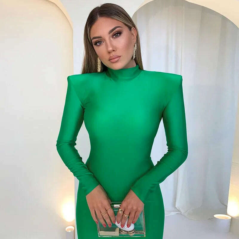 KIMLUD, FSDA Midi Green Long Sleeve 2022 Women Dress Party Autumn Winter Turtleneck Black Sexy Bodycon Dresses Elegant Club, KIMLUD Womens Clothes
