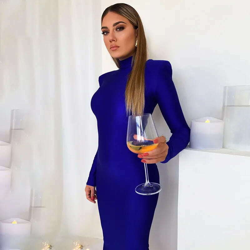 KIMLUD, FSDA Midi Green Long Sleeve 2022 Women Dress Party Autumn Winter Turtleneck Black Sexy Bodycon Dresses Elegant Club, KIMLUD Womens Clothes