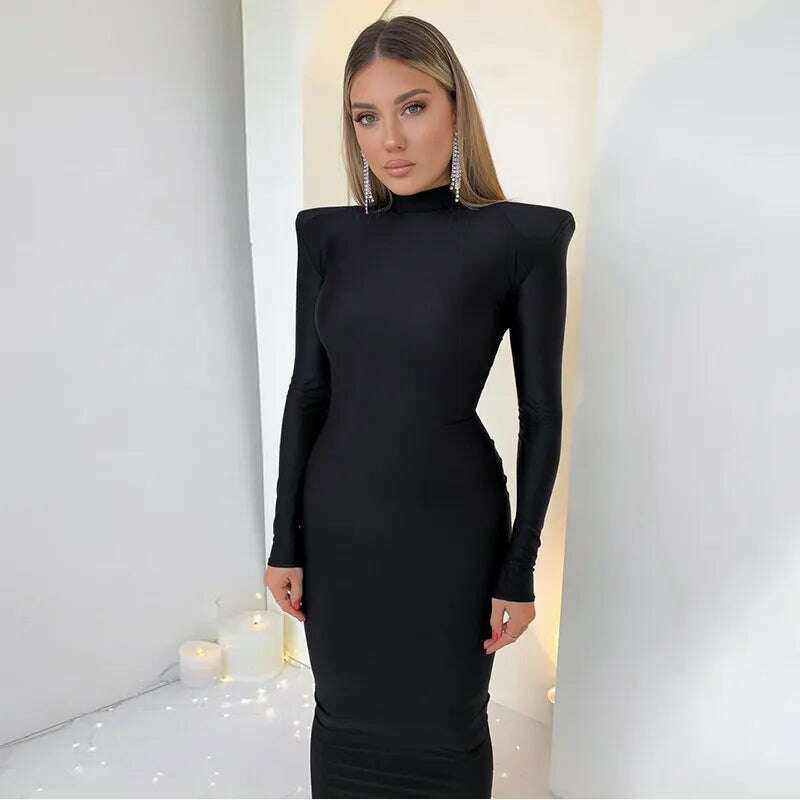 KIMLUD, FSDA Midi Green Long Sleeve 2022 Women Dress Party Autumn Winter Turtleneck Black Sexy Bodycon Dresses Elegant Club, KIMLUD Womens Clothes