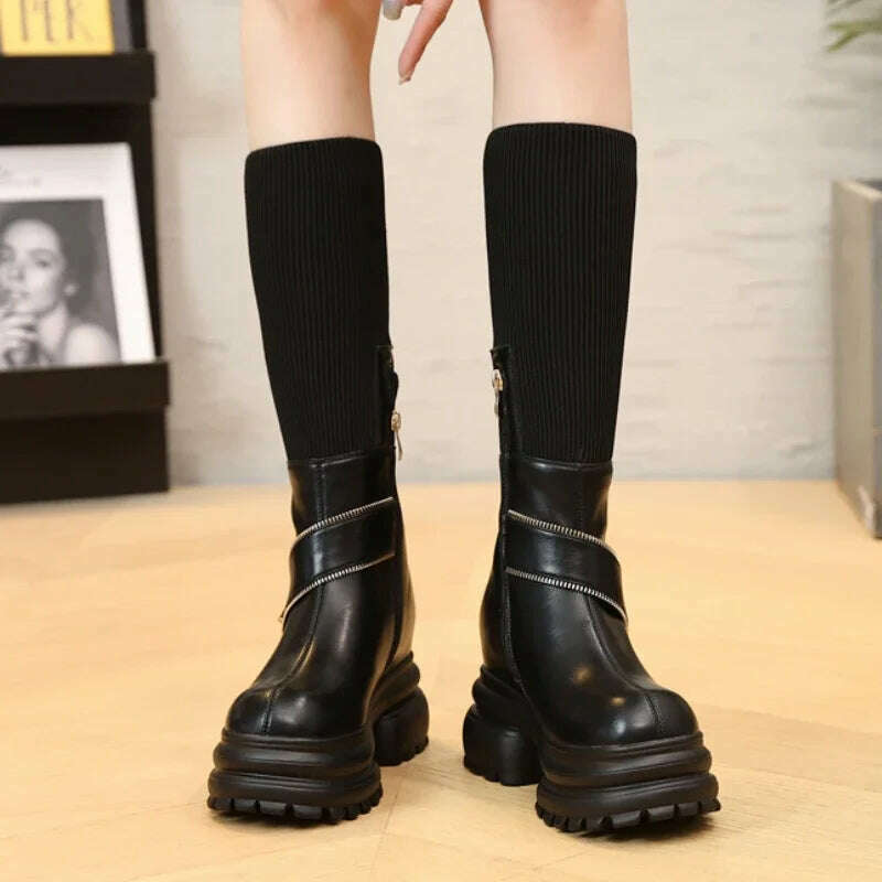 Fujin 8cm New Sock Genuine Leather Stretch Fabric Booties Block Knee High Boots Women Platform Wedge Fashion Autumn Spring Shoes - KIMLUD
