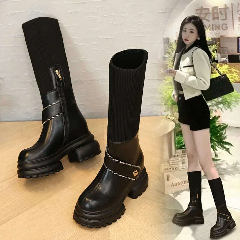 KIMLUD, Fujin 8cm New Sock Genuine Leather Stretch Fabric Booties Block Knee High Boots Women Platform Wedge Fashion Autumn Spring Shoes, KIMLUD Womens Clothes