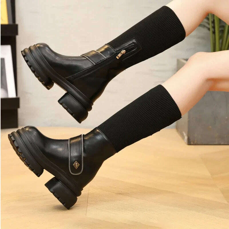 KIMLUD, Fujin 8cm New Sock Genuine Leather Stretch Fabric Booties Block Knee High Boots Women Platform Wedge Fashion Autumn Spring Shoes, KIMLUD Womens Clothes