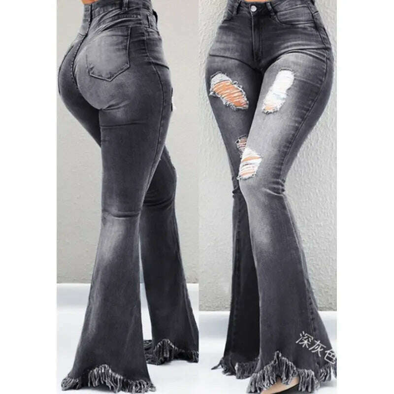 KIMLUD, Full Length Denim Flare Capris Pants Pocket Holes Bell Bottom Trousers Boot Cut Ruffle Denim Pants Women Flare Jeans, Dark Gray / S, KIMLUD APPAREL - Womens Clothes