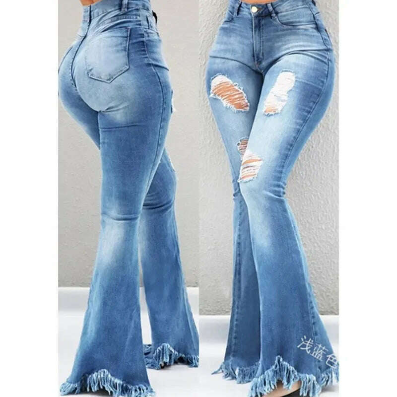 KIMLUD, Full Length Denim Flare Capris Pants Pocket Holes Bell Bottom Trousers Boot Cut Ruffle Denim Pants Women Flare Jeans, Light  Blue / S, KIMLUD Womens Clothes