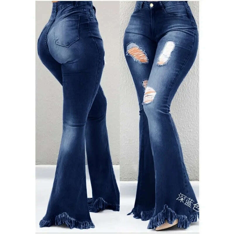 KIMLUD, Full Length Denim Flare Capris Pants Pocket Holes Bell Bottom Trousers Boot Cut Ruffle Denim Pants Women Flare Jeans, Dark Blue / S, KIMLUD Womens Clothes