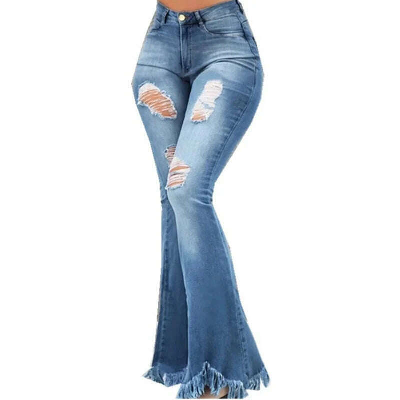KIMLUD, Full Length Denim Flare Capris Pants Pocket Holes Bell Bottom Trousers Boot Cut Ruffle Denim Pants Women Flare Jeans, KIMLUD Women's Clothes