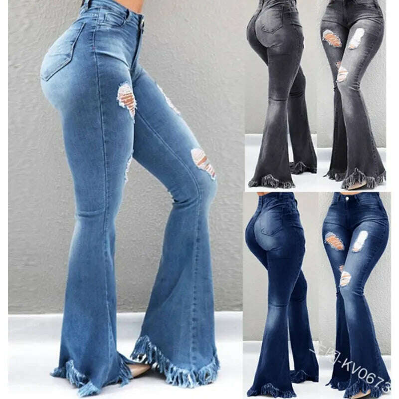 KIMLUD, Full Length Denim Flare Capris Pants Pocket Holes Bell Bottom Trousers Boot Cut Ruffle Denim Pants Women Flare Jeans, KIMLUD Womens Clothes