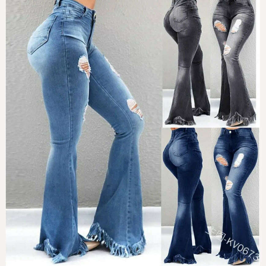 KIMLUD, Full Length Denim Flare Capris Pants Pocket Holes Bell Bottom Trousers Boot Cut Ruffle Denim Pants Women Flare Jeans, KIMLUD Women's Clothes