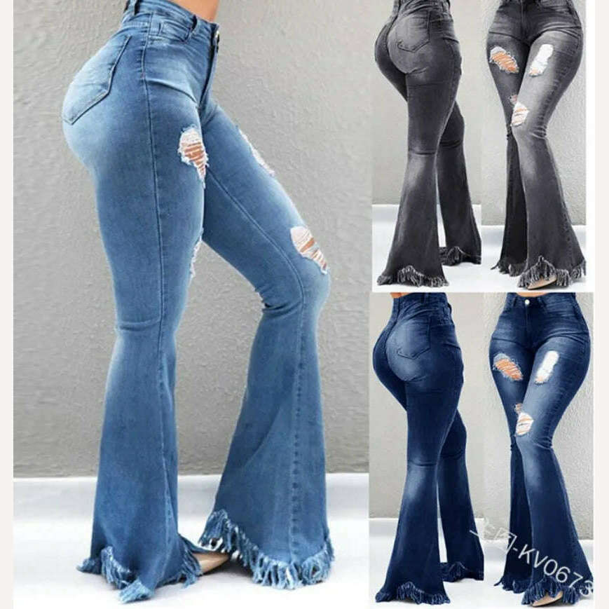 KIMLUD, Full Length Denim Flare Capris Pants Pocket Holes Bell Bottom Trousers Boot Cut Ruffle Denim Pants Women Flare Jeans, KIMLUD Womens Clothes