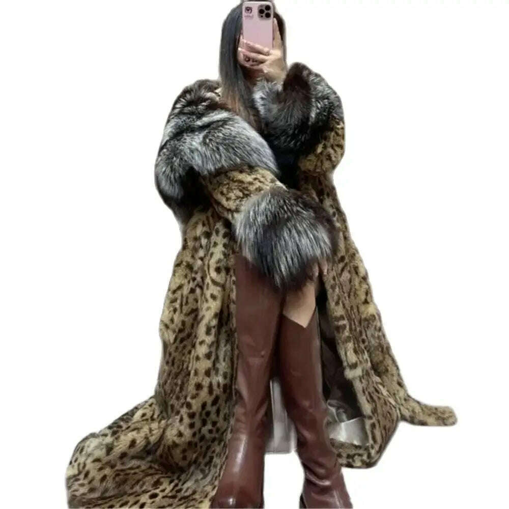KIMLUD, Fur coat Leopard coat goddess imitation fox fur collar long cotton-padded jacket sexy mink coat women's winter jacket, KIMLUD Womens Clothes