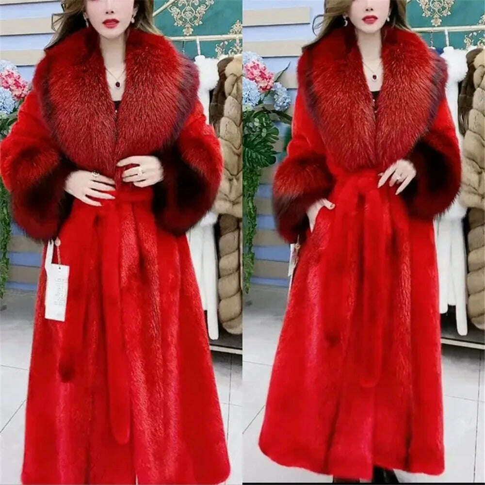 KIMLUD, Fur coat Leopard coat goddess imitation fox fur collar long cotton-padded jacket sexy mink coat women's winter jacket, Red / M, KIMLUD APPAREL - Womens Clothes