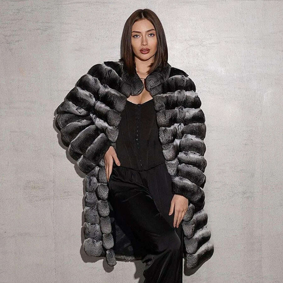 Fur Coat Women Natural Chinchilla Rex Rabbit Fur Coat Mid-Length Best Seller Warm Winter Jackets Female, KIMLUD Women's Clothes