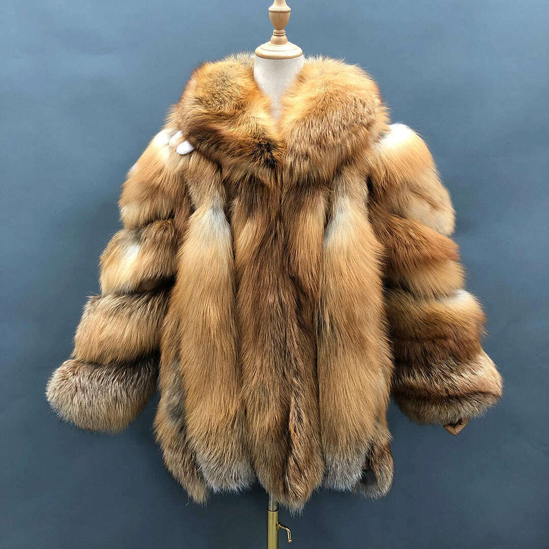 KIMLUD, Fur Coats Women Long Luxury Real Red Fox Fur Jacket Turn Down Collar Furry Thick Warm Coat Winter, red fox / S(bust 96cm), KIMLUD Women's Clothes