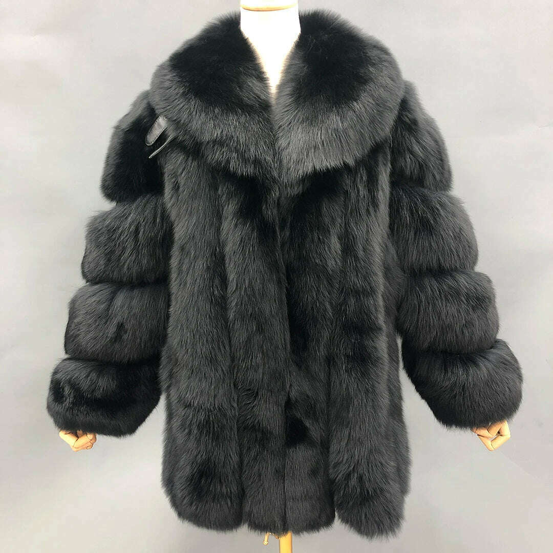 KIMLUD, Fur Coats Women Long Luxury Real Red Fox Fur Jacket Turn Down Collar Furry Thick Warm Coat Winter, black / S(bust 96cm), KIMLUD Women's Clothes