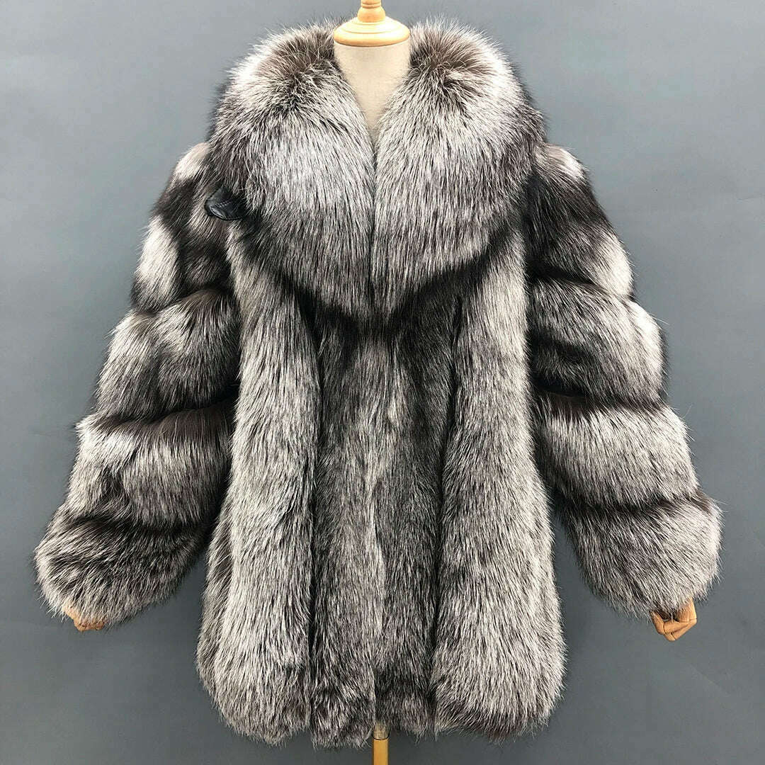 KIMLUD, Fur Coats Women Long Luxury Real Red Fox Fur Jacket Turn Down Collar Furry Thick Warm Coat Winter, silver color / S(bust 96cm), KIMLUD Women's Clothes
