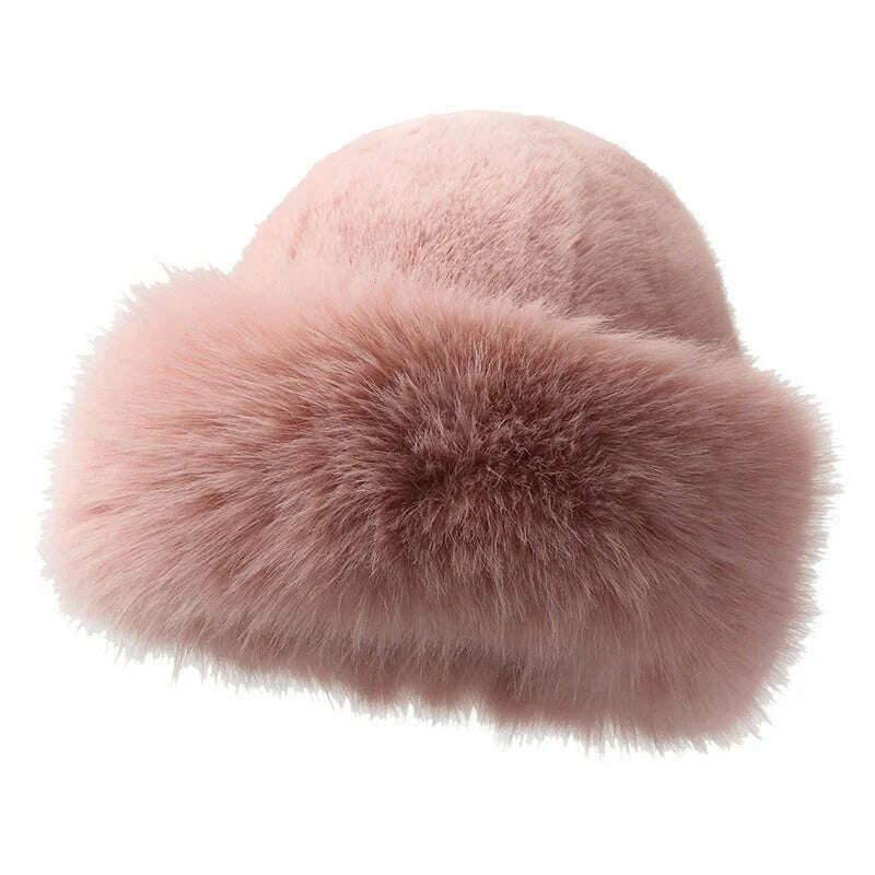 KIMLUD, Fur Hat Women Warm Snow Ski Cap Female Faux Fox Fur Bomber Hat Lady Windproof Winter Hats for Women Russian Hat Ushanka, light pink, KIMLUD Women's Clothes