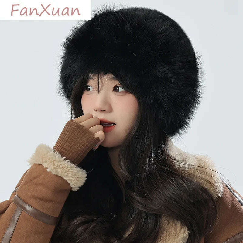 KIMLUD, Fur Hat Women Warm Snow Ski Cap Female Faux Fox Fur Bomber Hat Lady Windproof Winter Hats for Women Russian Hat Ushanka, KIMLUD Womens Clothes