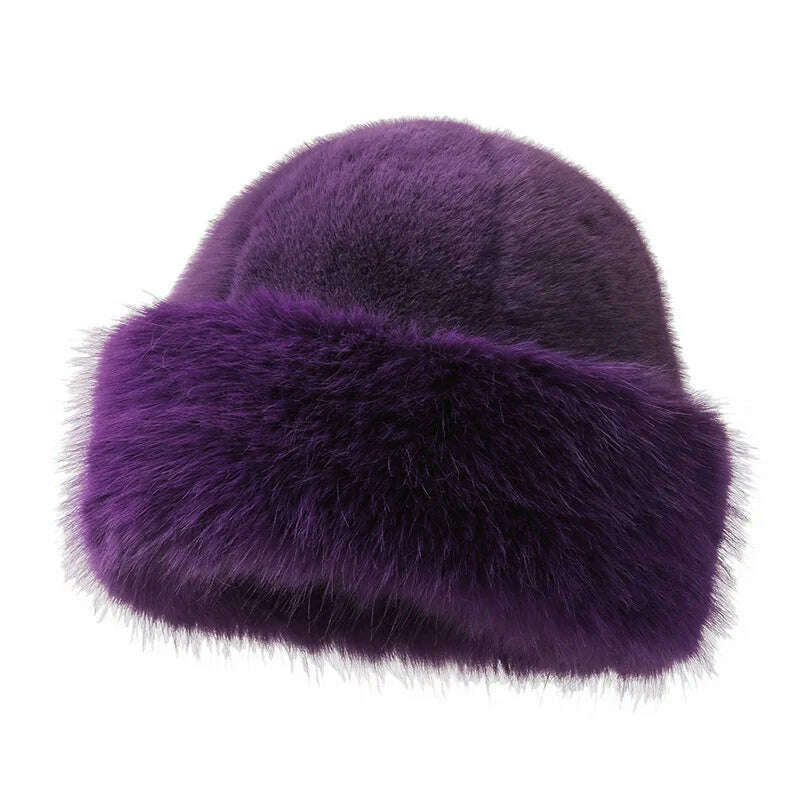KIMLUD, Fur Hat Women Warm Snow Ski Cap Female Faux Fox Fur Bomber Hat Lady Windproof Winter Hats for Women Russian Hat Ushanka, purple, KIMLUD Womens Clothes