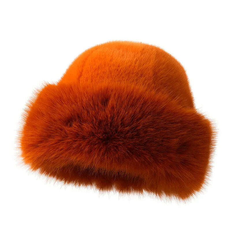 KIMLUD, Fur Hat Women Warm Snow Ski Cap Female Faux Fox Fur Bomber Hat Lady Windproof Winter Hats for Women Russian Hat Ushanka, orange, KIMLUD Womens Clothes