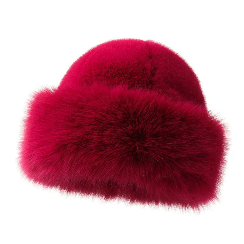 KIMLUD, Fur Hat Women Warm Snow Ski Cap Female Faux Fox Fur Bomber Hat Lady Windproof Winter Hats for Women Russian Hat Ushanka, dark red, KIMLUD Women's Clothes