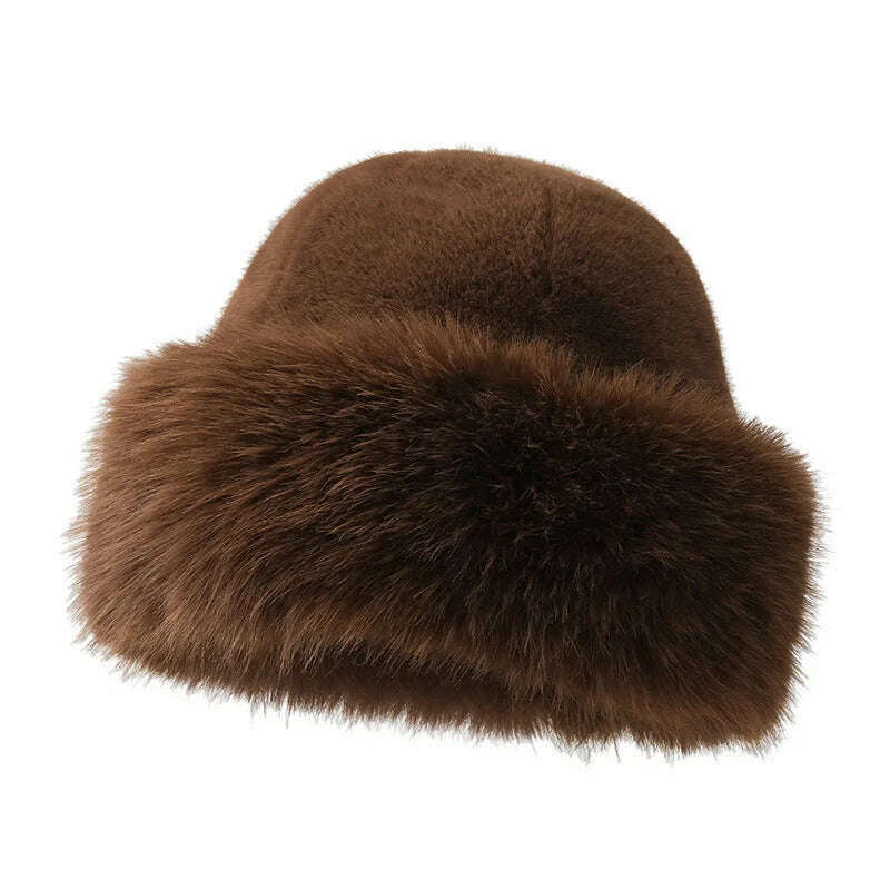 KIMLUD, Fur Hat Women Warm Snow Ski Cap Female Faux Fox Fur Bomber Hat Lady Windproof Winter Hats for Women Russian Hat Ushanka, brown, KIMLUD Womens Clothes