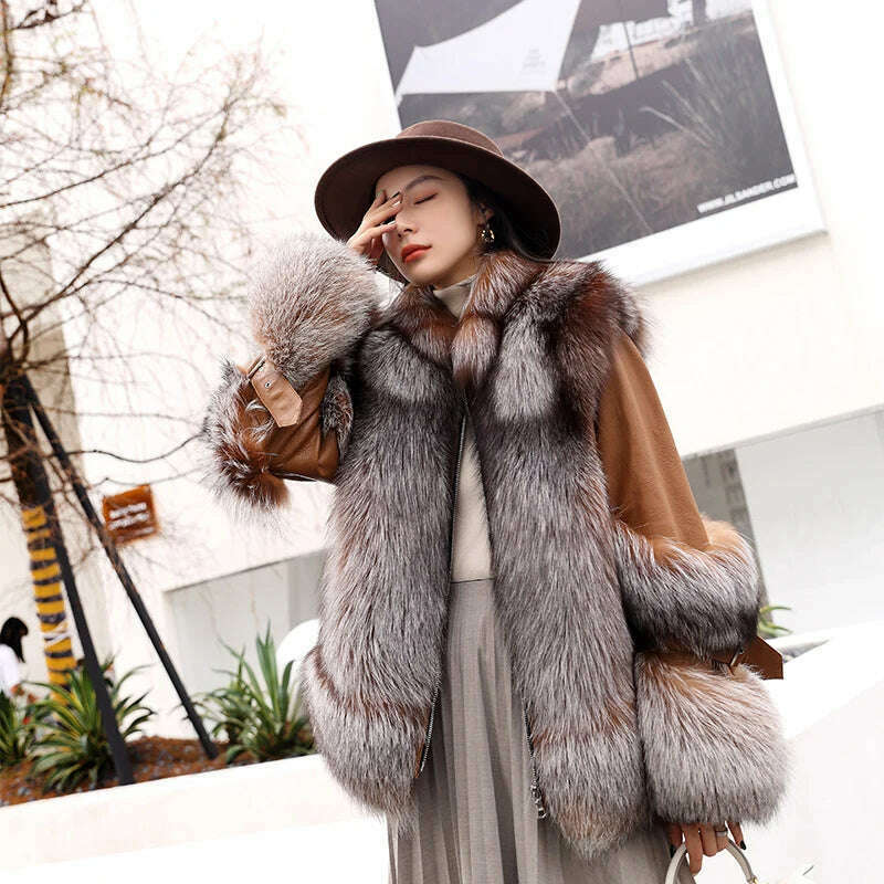 KIMLUD, Fur Lover Women Gorgeous Real Silver Fox Fur Jacket Super Luxury Genuine Sheep Leather Coat With Fox Fur Bigger Collar, KIMLUD Women's Clothes