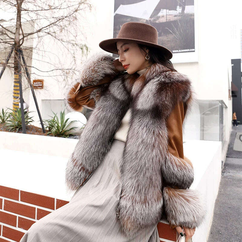 KIMLUD, Fur Lover Women Gorgeous Real Silver Fox Fur Jacket Super Luxury Genuine Sheep Leather Coat With Fox Fur Bigger Collar, Brown Fox / S / CHINA, KIMLUD Women's Clothes