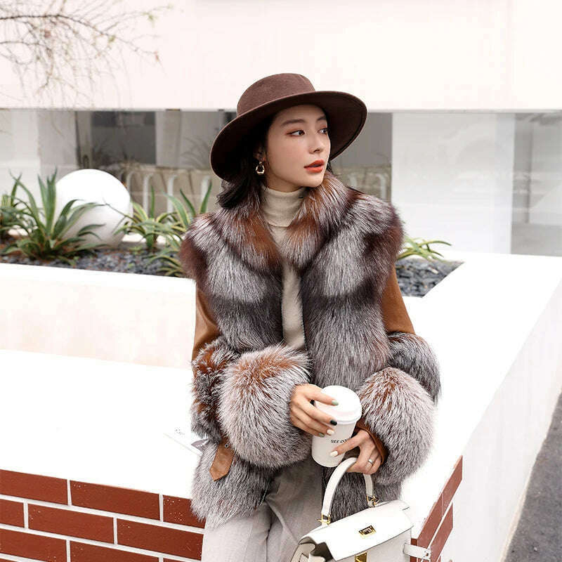 KIMLUD, Fur Lover Women Gorgeous Real Silver Fox Fur Jacket Super Luxury Genuine Sheep Leather Coat With Fox Fur Bigger Collar, KIMLUD Women's Clothes