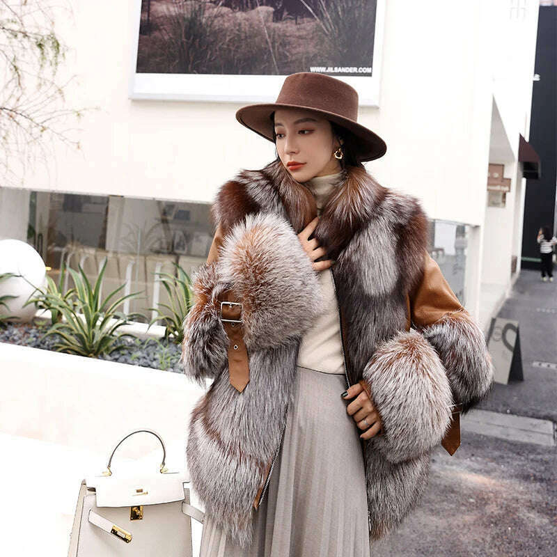 KIMLUD, Fur Lover Women Gorgeous Real Silver Fox Fur Jacket Super Luxury Genuine Sheep Leather Coat With Fox Fur Bigger Collar, KIMLUD Womens Clothes