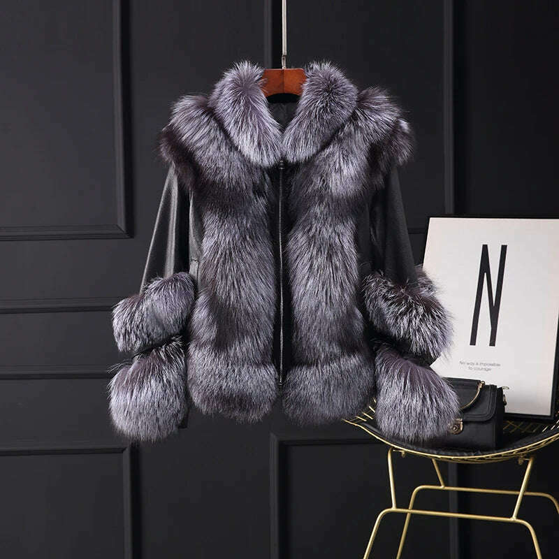 KIMLUD, Fur Lover Women Gorgeous Real Silver Fox Fur Jacket Super Luxury Genuine Sheep Leather Coat With Fox Fur Bigger Collar, Silver Fox / S / CHINA, KIMLUD Womens Clothes