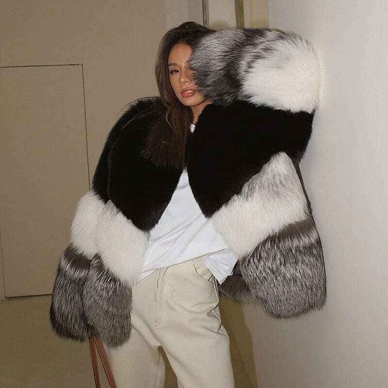 KIMLUD, FURSARCAR Fashion Fur Jackets for Women Real Fox Fur Skin Outerwear Color-blocking Personality Street High Quality Teddy Coat, KIMLUD Women's Clothes