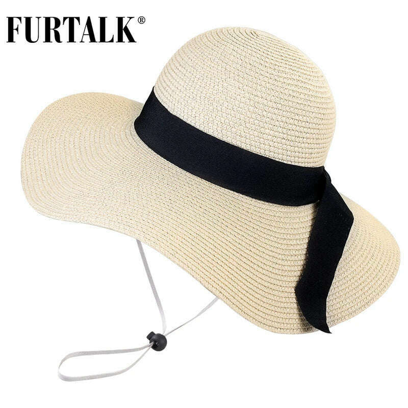 KIMLUD, FURTALK Summer Beach Hat Women Large Straw Hat Big Brim Sun Hats UV Protection Foldable Roll Up Floppy Cap chapeu feminino 2020, KIMLUD Womens Clothes