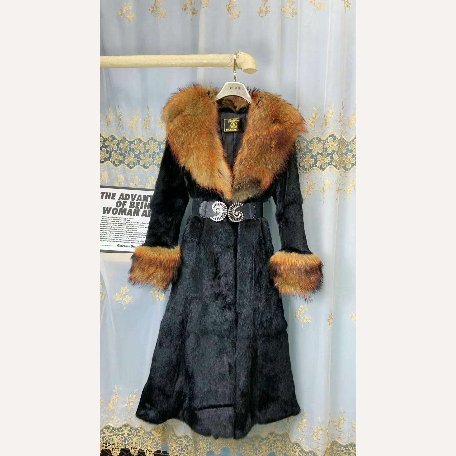 KIMLUD, FURYOUME 2023 Winter Women Real Genuine Natural Full Pelt Rabbit Fur Coat with Turn-down Fox Fur Collar Fashion Warm Streetwear, photo color 3 / S bust 90cm, KIMLUD Womens Clothes