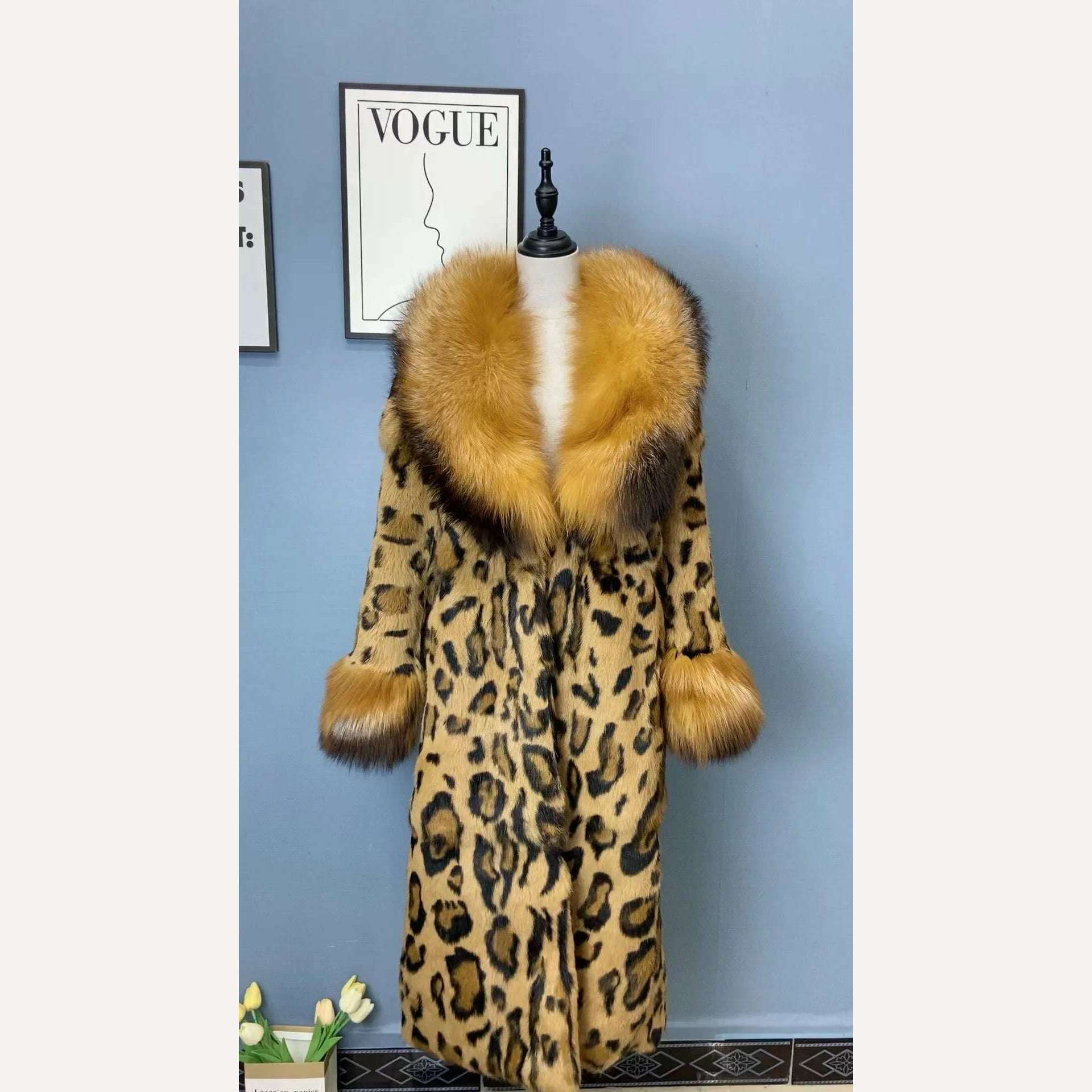 KIMLUD, FURYOUME 2023 Winter Women Real Genuine Natural Full Pelt Rabbit Fur Coat with Turn-down Fox Fur Collar Fashion Warm Streetwear, KIMLUD Womens Clothes