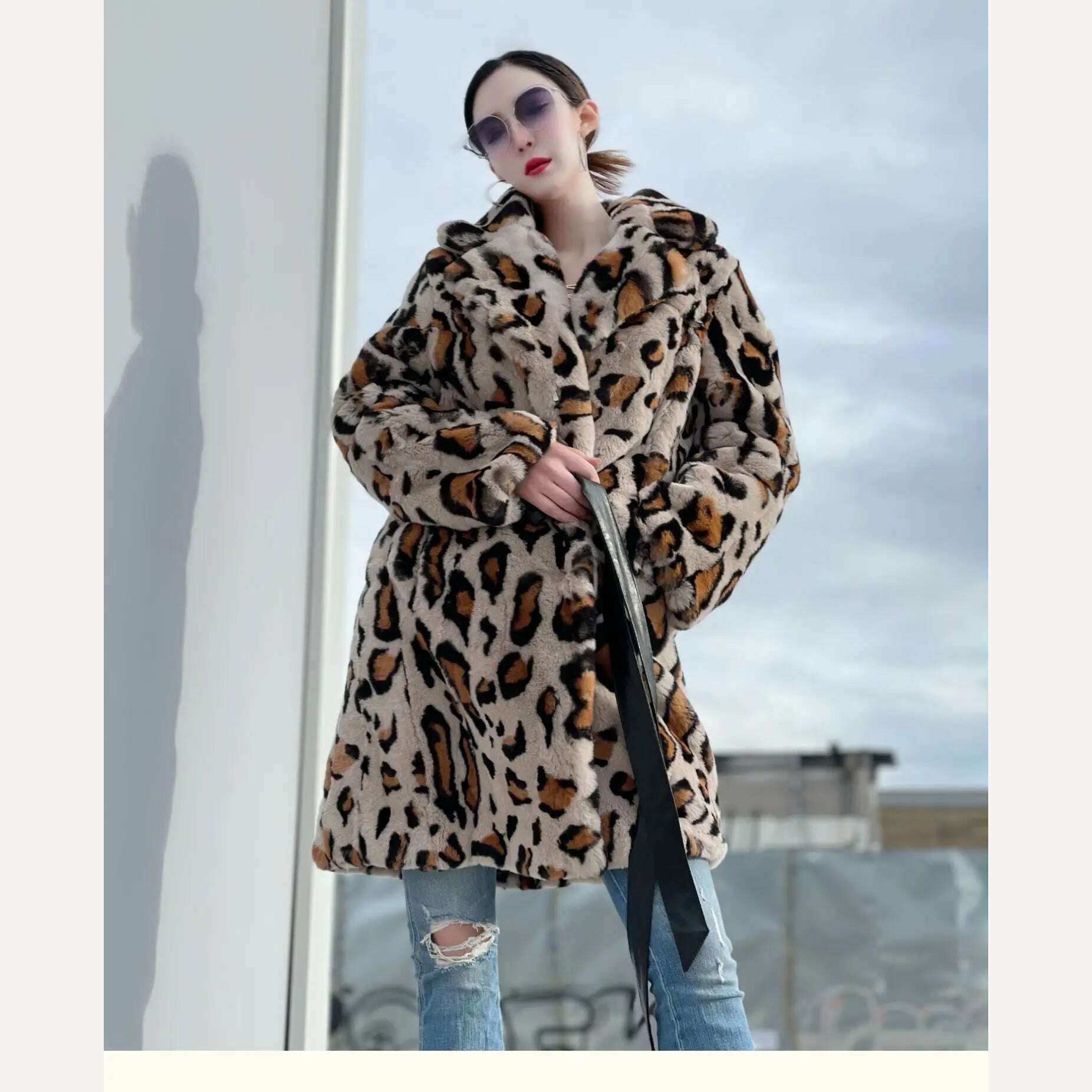KIMLUD, FURYOUME New Winter Women Natural Rabbit Fur Coat Long Leopard Pattern Suit Collar Leather Belt Fashion Real Rabbit Fur Jacket, leopard / M bust 90cm, KIMLUD Women's Clothes