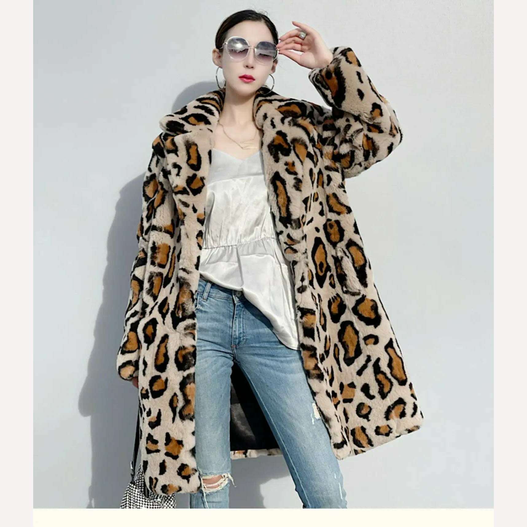 KIMLUD, FURYOUME New Winter Women Natural Rabbit Fur Coat Long Leopard Pattern Suit Collar Leather Belt Fashion Real Rabbit Fur Jacket, KIMLUD Womens Clothes
