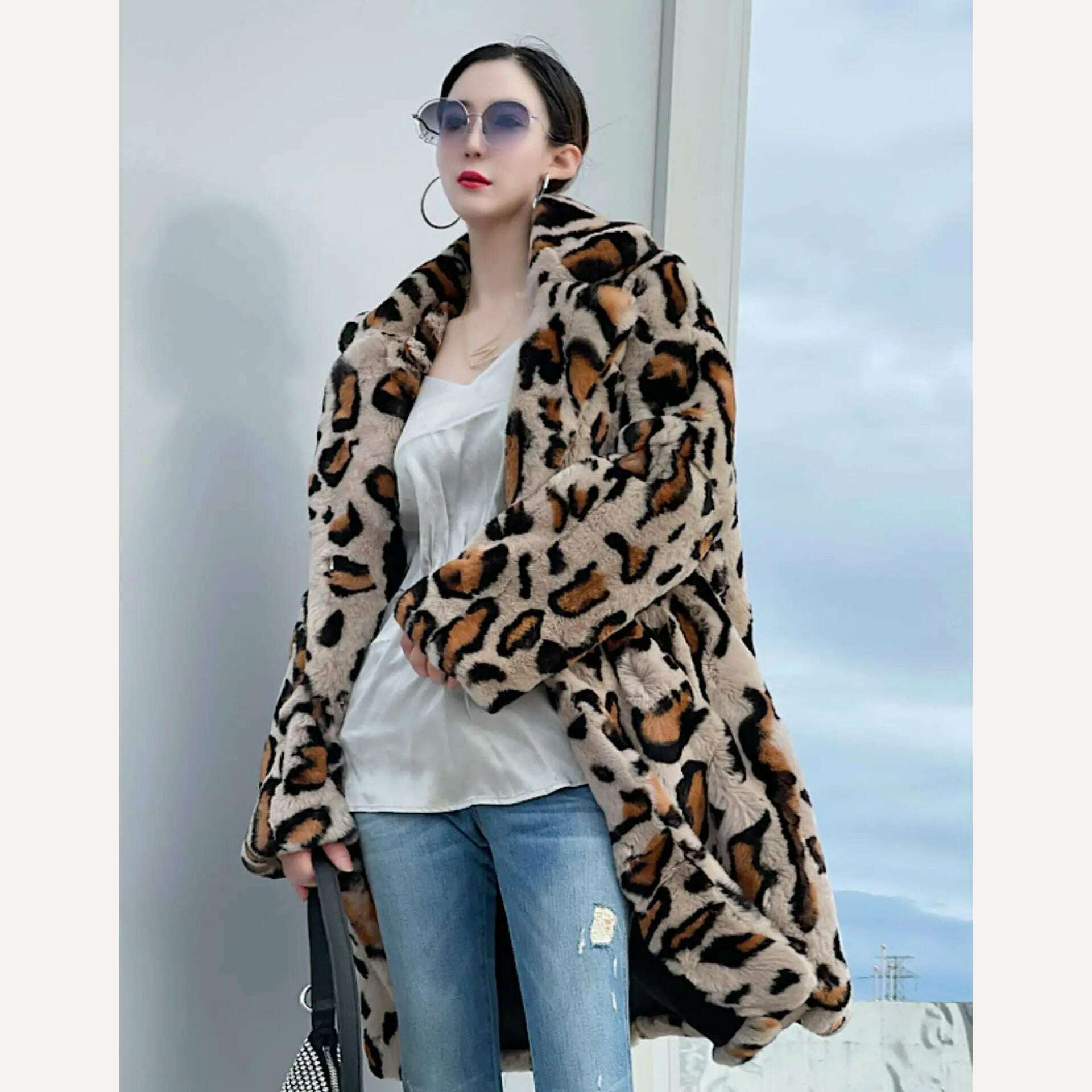 KIMLUD, FURYOUME New Winter Women Natural Rabbit Fur Coat Long Leopard Pattern Suit Collar Leather Belt Fashion Real Rabbit Fur Jacket, KIMLUD Womens Clothes
