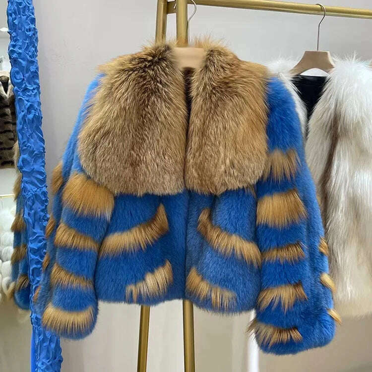 KIMLUD, FURYOUME Winter Women Real Fox Fur Coat Short Luxury Fur Jacket Thick Warm Natural Genuine Fur Streetwear Lady Fashion Overcoat, blue / S bust 90cm, KIMLUD Womens Clothes