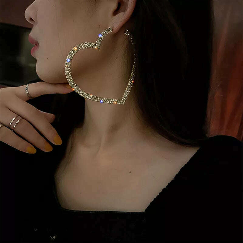 KIMLUD, FYUAN Fashion Big Heart Crystal Hoop Earrings for Women Bijoux Geometric Rhinestones Earrings Statement Jewelry Gifts, KIMLUD Womens Clothes