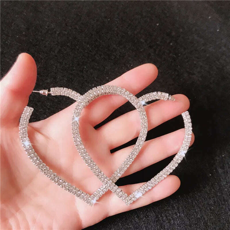 KIMLUD, FYUAN Fashion Big Heart Crystal Hoop Earrings for Women Bijoux Geometric Rhinestones Earrings Statement Jewelry Gifts, silver, KIMLUD Womens Clothes