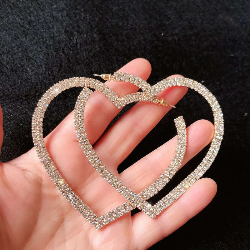 KIMLUD, FYUAN Fashion Big Heart Crystal Hoop Earrings for Women Bijoux Geometric Rhinestones Earrings Statement Jewelry Gifts, gold, KIMLUD Womens Clothes