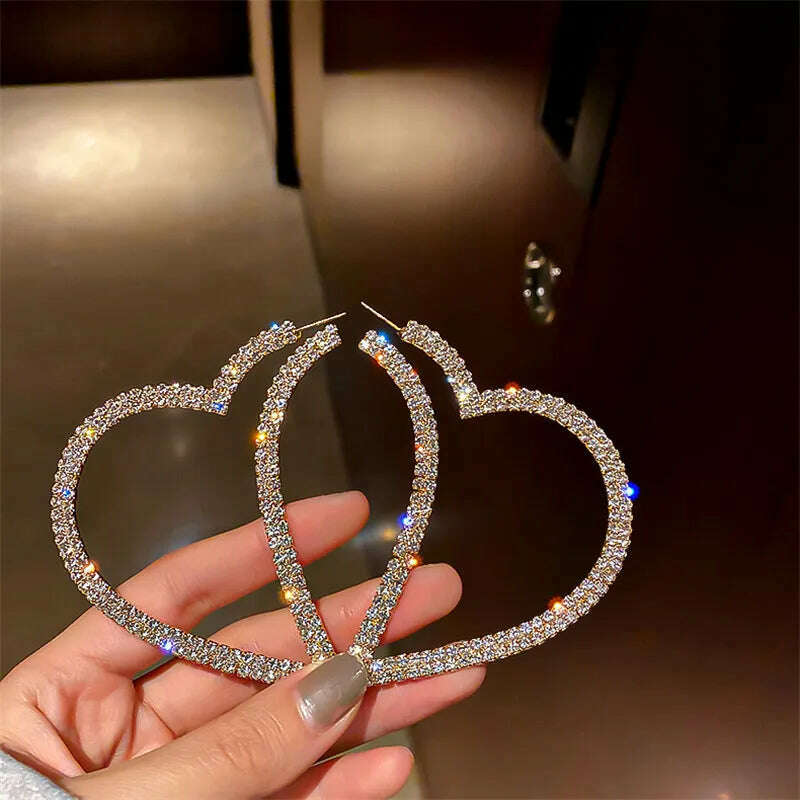 KIMLUD, FYUAN Fashion Big Heart Crystal Hoop Earrings for Women Bijoux Geometric Rhinestones Earrings Statement Jewelry Gifts, KIMLUD Women's Clothes