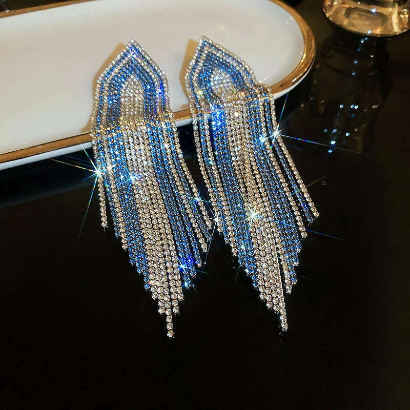 KIMLUD, FYUAN Fashion Blue Silver Color Full Rhinestone Drop Earrings Oversize Long Tassel Crystal Earrings for Women Statement Jewelry, KIMLUD Womens Clothes