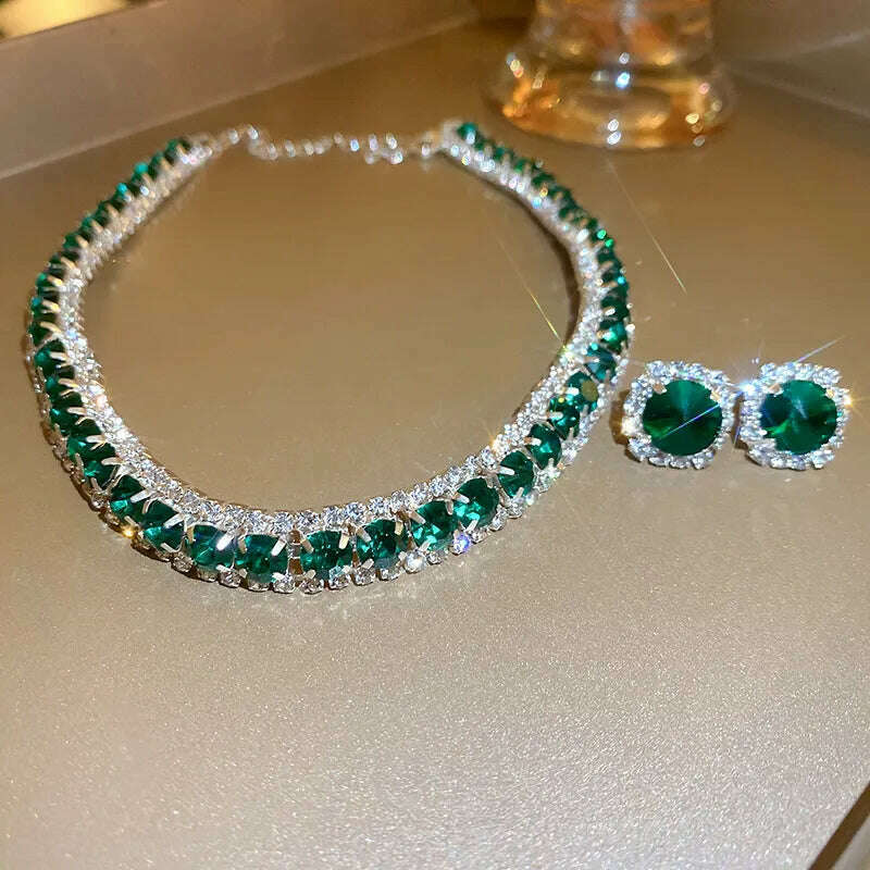 KIMLUD, FYUAN Luxury Necklace Earrings Sets Green Crystal Necklace Women Weddings Bride Jewelry Accessories, green, KIMLUD Women's Clothes