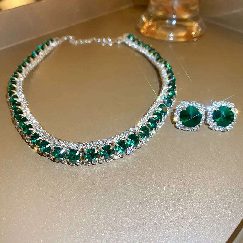 KIMLUD, FYUAN Luxury Necklace Earrings Sets Green Crystal Necklace Women Weddings Bride Jewelry Accessories, green, KIMLUD APPAREL - Womens Clothes