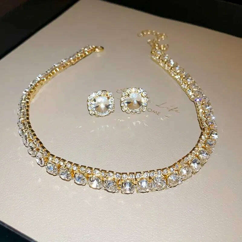 KIMLUD, FYUAN Luxury Necklace Earrings Sets Green Crystal Necklace Women Weddings Bride Jewelry Accessories, gold, KIMLUD APPAREL - Womens Clothes