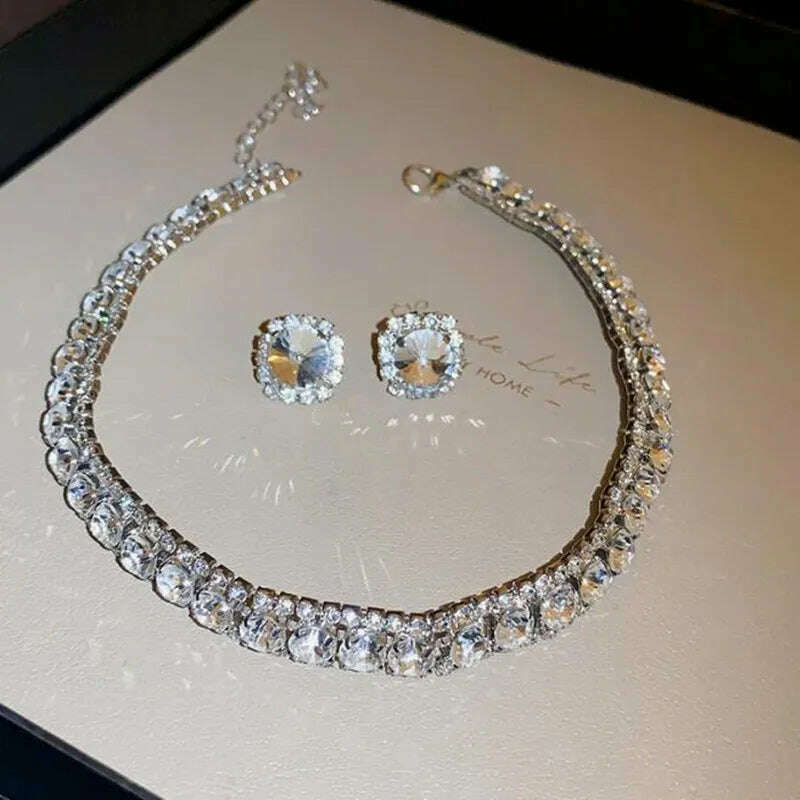 KIMLUD, FYUAN Luxury Necklace Earrings Sets Green Crystal Necklace Women Weddings Bride Jewelry Accessories, silver, KIMLUD Women's Clothes